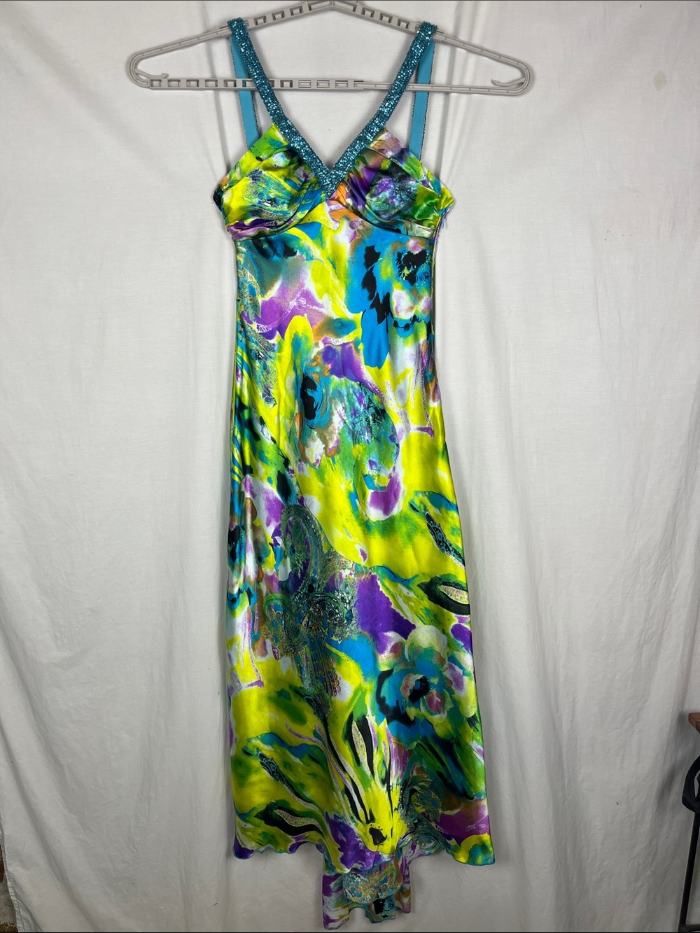 Vintage Y2K Speechless Bright Blue Green Watercolor Absract V Neck Maxi Prom Dre